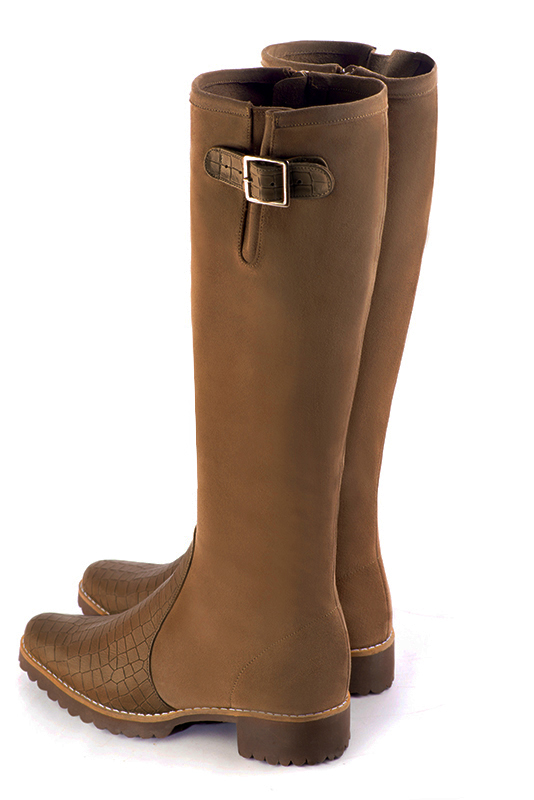 Caramel brown women's knee-high boots with buckles. Round toe. Flat rubber soles. Made to measure. Rear view - Florence KOOIJMAN